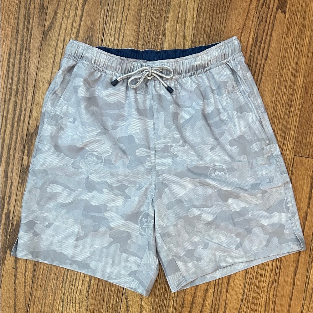 PETER MILLAR Crown Logo Camo Swim Trunk Trunks GALE Grey Sz Small